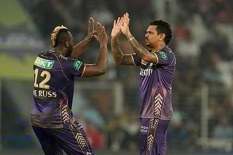 Sunil Narine celebrates Sanvir Singh wicket